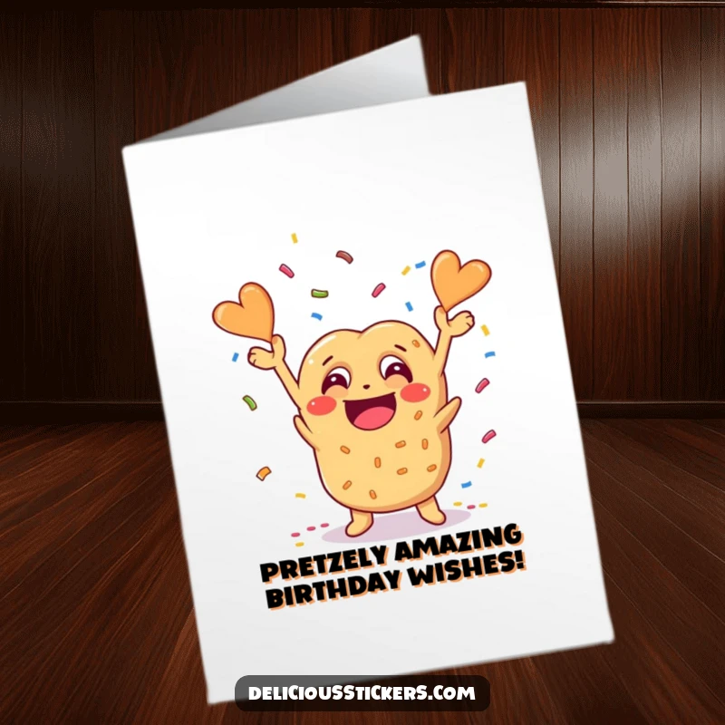 Funny free printable birthday card of a cheesy pretzel character grinning widely and joyfully throwing confetti, perfect for a funny downloadable gift.