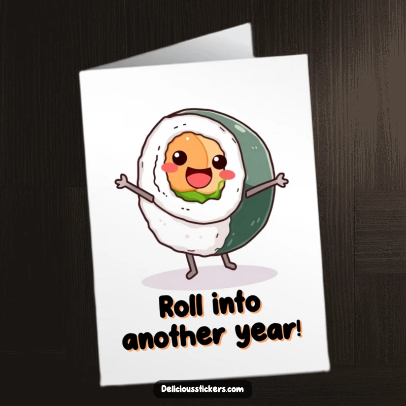 Funny free printable birthday card: a smiling sushi roll with little legs is captured mid-cartwheel, full of birthday cheer.