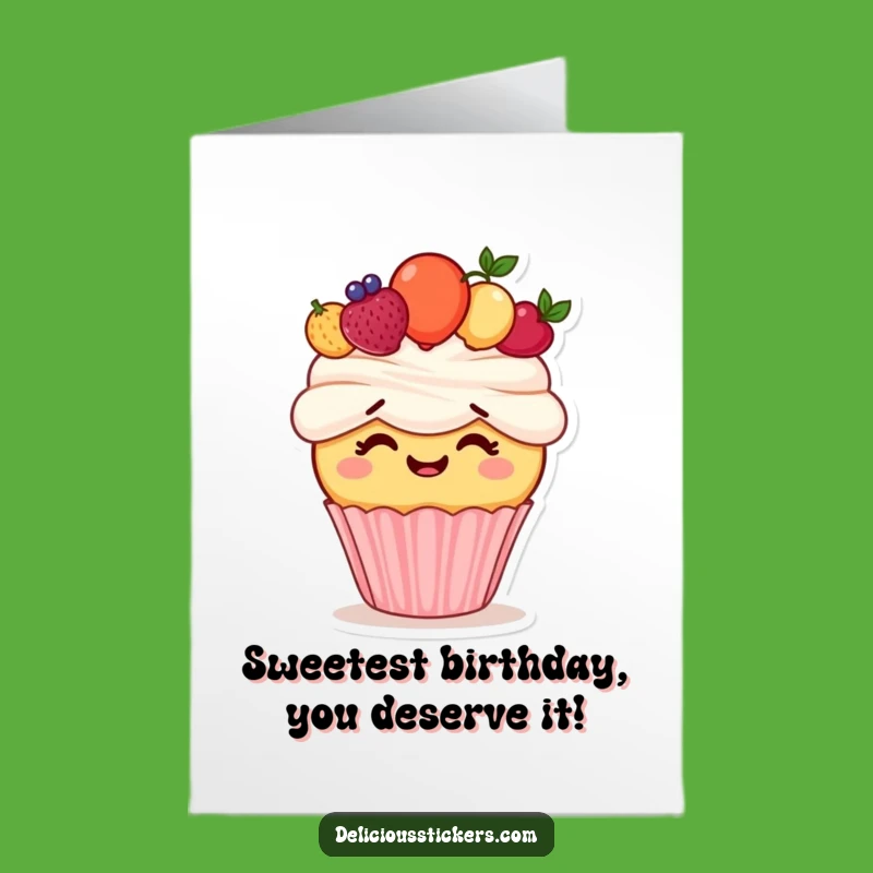 Free Printable Funny Birthday Card: Giggling Cupcake Fruit Crown Humorous Downloadable Gift