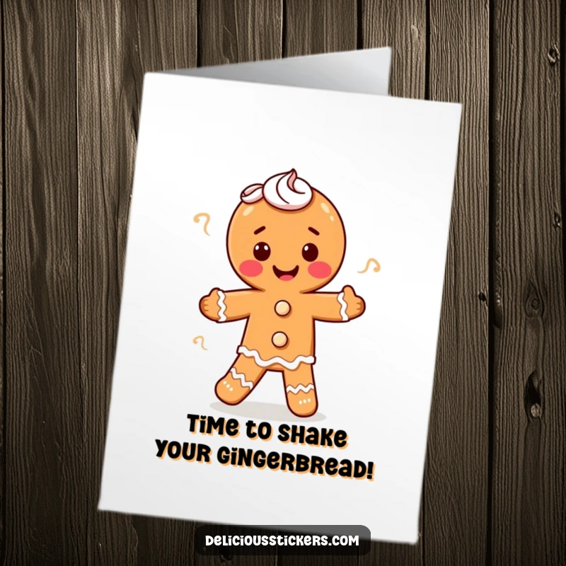 Funny Free Printable Birthday Card: Happy gingerbread man with frosting swirls doing a joyful dance, celebrating a birthday.
