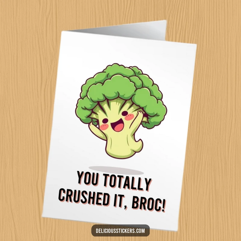 Funny free printable congratulations card showing a playful broccoli floret character performing a somersault, celebrating success dynamically.