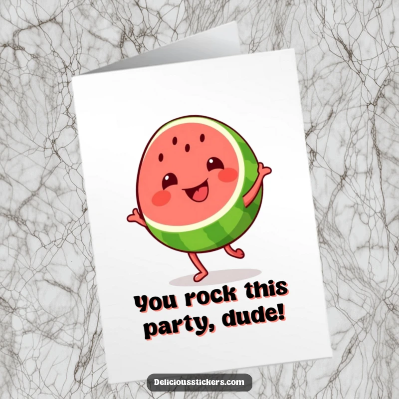 Funny Free Printable Congrats Card: A happy watermelon slice busts a move, dancing with pure elation at your great news.