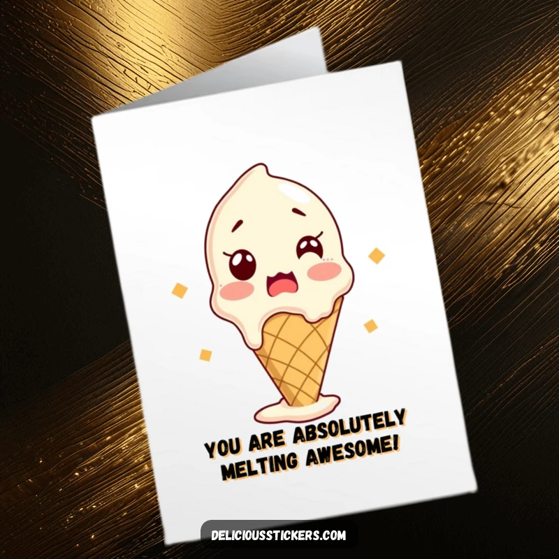 Funny Free Printable Congrats Card: An ice cream cone is melting slightly, shocked with ecstatic excitement.