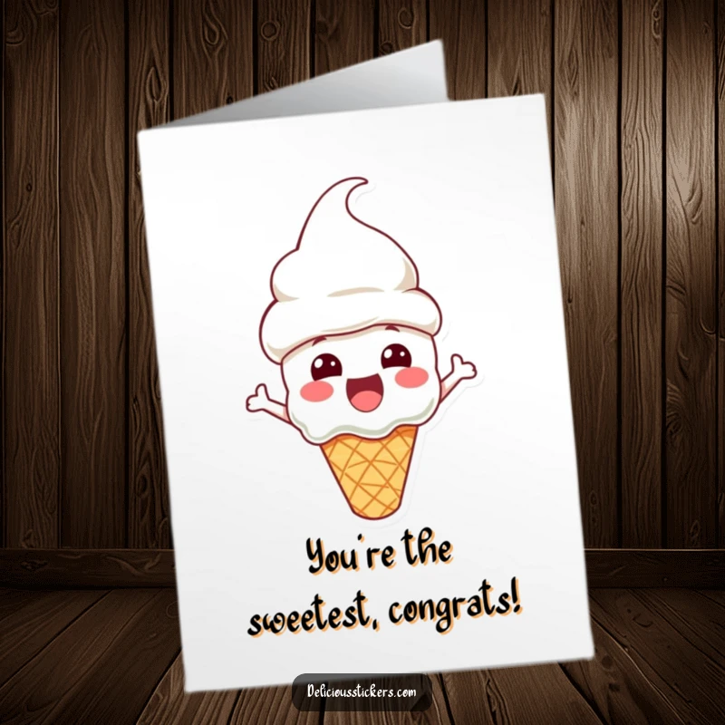 Funny Free Printable Congrats Card: An excited ice cream cone character with a cone hat, celebrating achievements with a cool vibe.