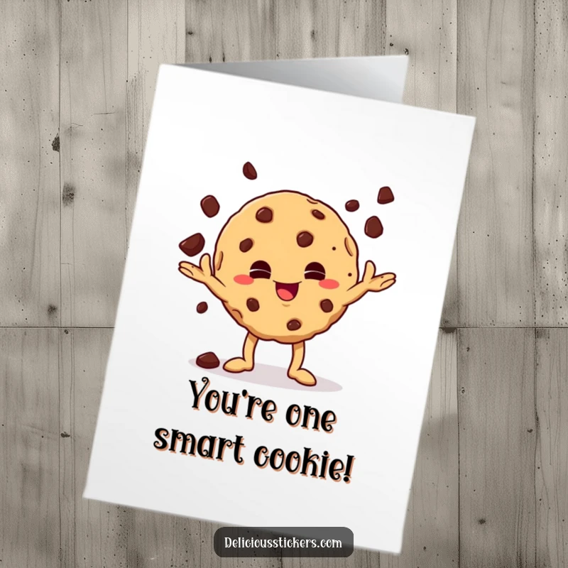 Funny Free Printable Congratulations Card: A mischievous cookie character skillfully juggling chocolate chips, celebrating a win.