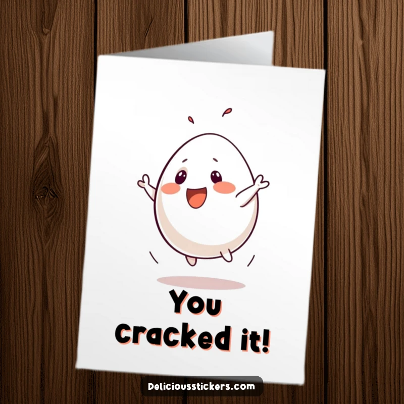 Funny Free Printable Congratulations Card: An energetic egg is caught mid-silly-flip, cheering wildly for success.