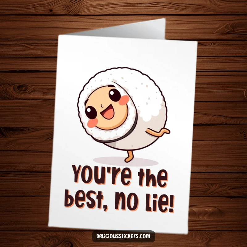 Funny Free Printable Congratulations Card: A happy sushi roll with legs performing a lively cartwheel, signifying celebration.