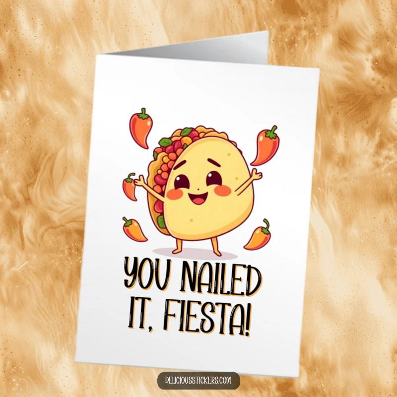 Funny Free Printable Congratulations Card: A determined taco juggling small hot peppers, celebrating a job well done.
