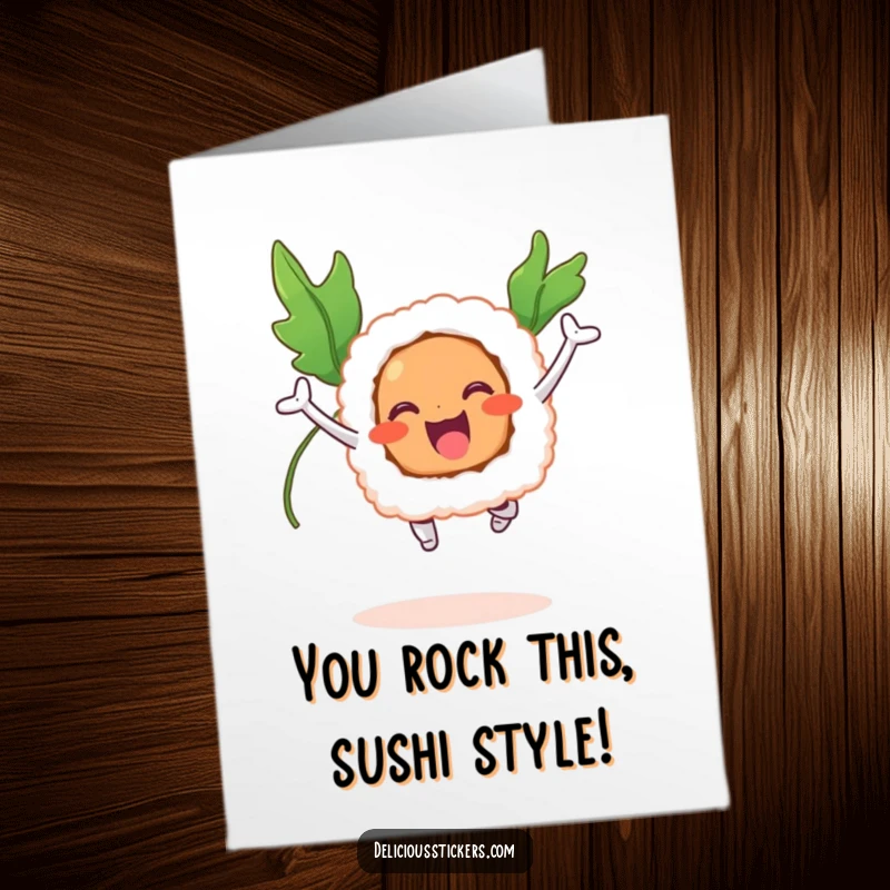 Funny Free Printable Congratulations Card: A happy sushi roll with seaweed wings does a celebratory jump.