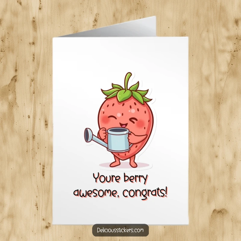 Funny Free Printable Congratulations Card: A giggling strawberry holding a watering can winks, symbolizing growth.