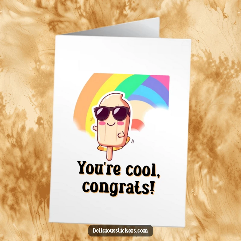 Funny free printable congratulations card of a popsicle character in sunglasses sliding down a rainbow, celebrating a win.