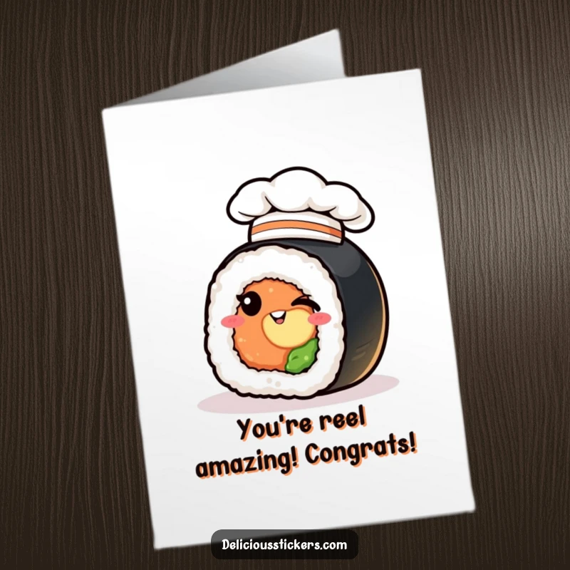 Funny free printable congratulations card with a sushi roll wearing a chef hat and giving a playful wink.