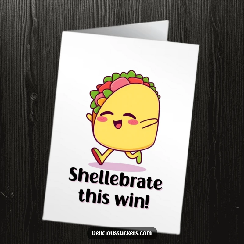 Funny free printable congratulations card with a happy taco character doing a silly sideways skip, celebrating success.