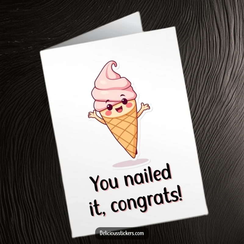 Funny Free Printable Congratulations Card: Joyful Anthropomorphic Ice Cream Cone Doing a Celebratory Spin