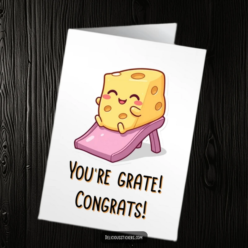 Funny free printable congratulations card with a winking cheese wedge sliding down a slide, celebrating success with cheesy delight.