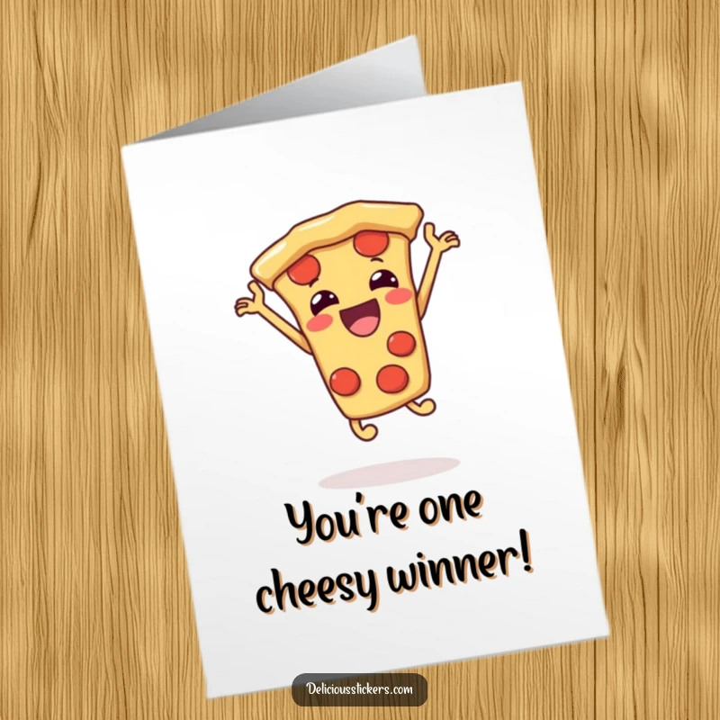 Funny free printable congratulations card showing a pizza slice joyfully jumping, celebrating accomplishment.