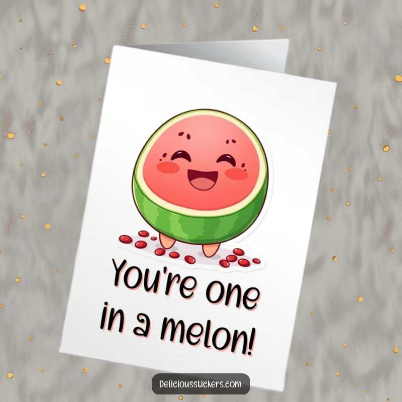 Funny Free Printable Congratulations Card: A grinning watermelon slice character with scattered seeds, celebrating victory.