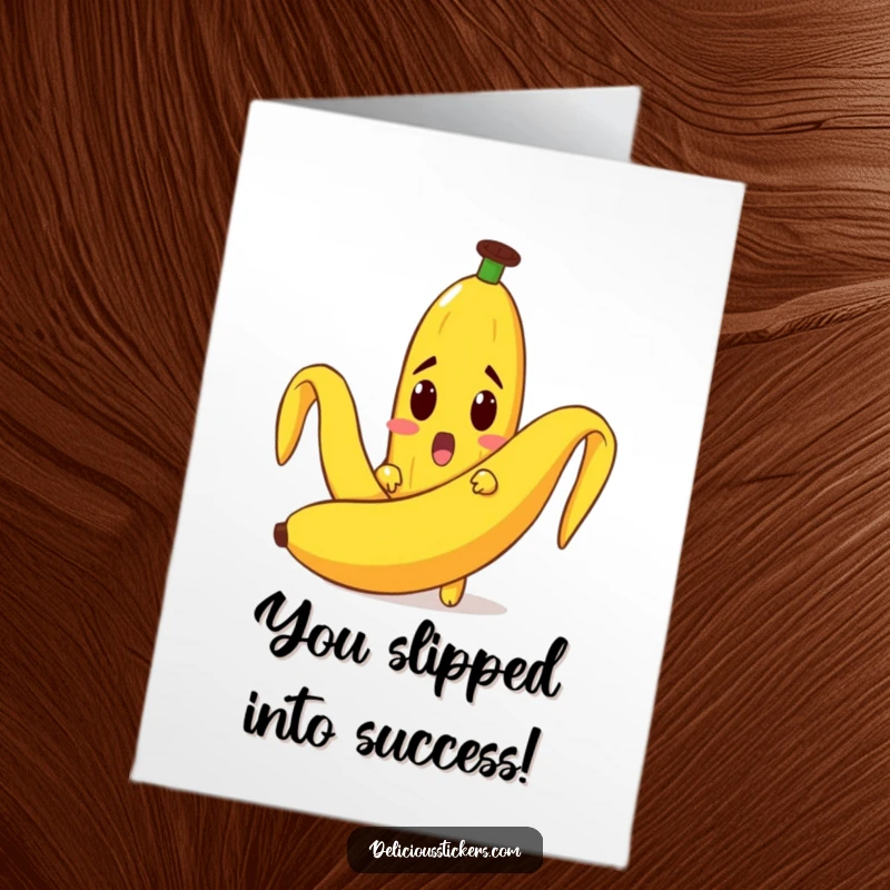 Funny Free Printable Congratulations Card: A banana peeks out from behind a giant peel, looking surprised.