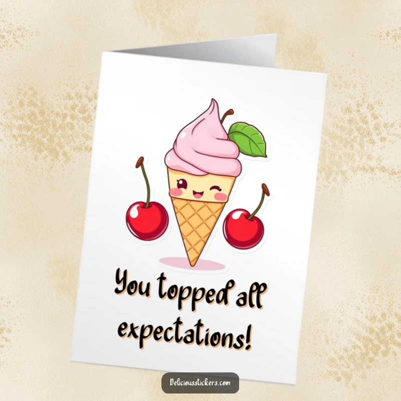 Funny Free Printable Congrats Card: Winking ice cream cone character expertly balancing two cherries, celebrating a cool achievement.