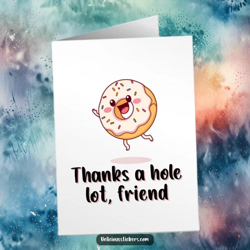 Funny free printable thank you card featuring a donut with sprinkles doing a delightful cartwheel, a sweet thank you.