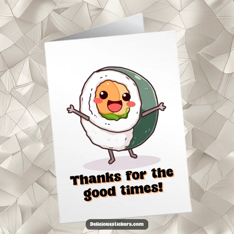 Funny free printable thank you card featuring a smiling sushi roll character doing a cartwheel, conveying heartfelt thanks.