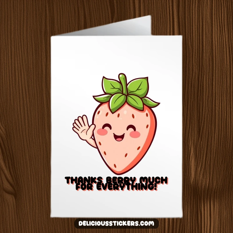 Funny Free Printable Thank You Card with a happy strawberry character waving a friendly hello, showing sincere thanks.