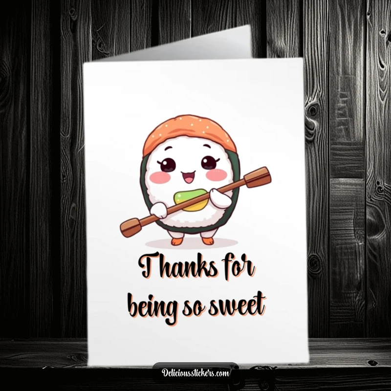 Funny Free Printable Thank You Card: Joyful sushi balancing paddle, expressing thanks with precision and grace.