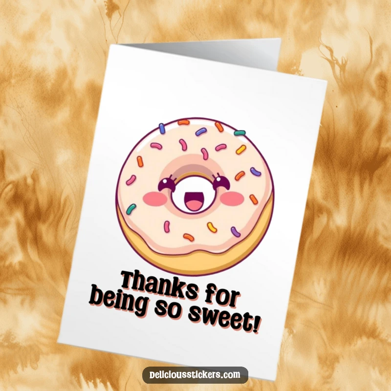 Funny Free Printable Thank You Card: A happy donut with sprinkles bouncing with excitement, conveying heartfelt thanks.