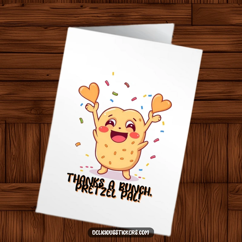 Funny free printable thank you card featuring a cheesy pretzel character beaming and throwing confetti, great for a DIY gift.