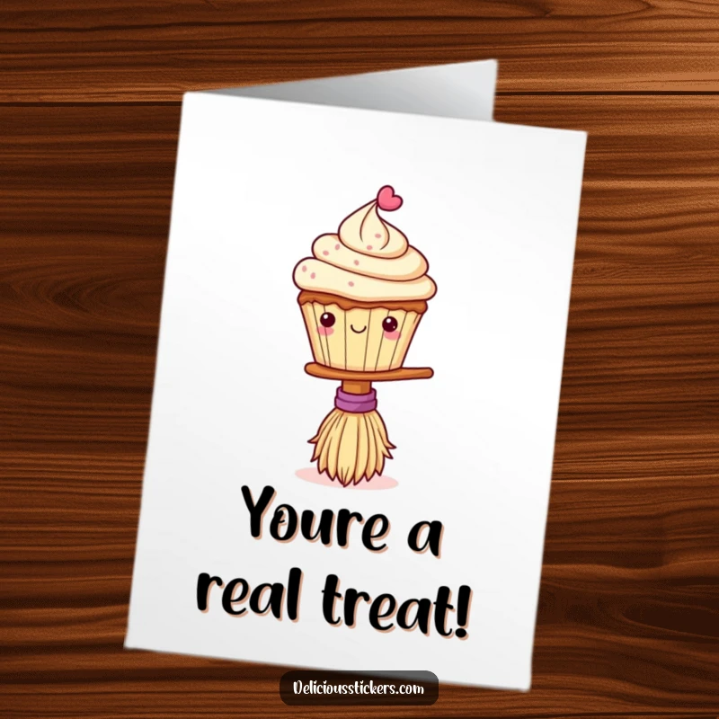 Funny free printable thank you card with a charming cupcake on a broom, magically conveying thanks.