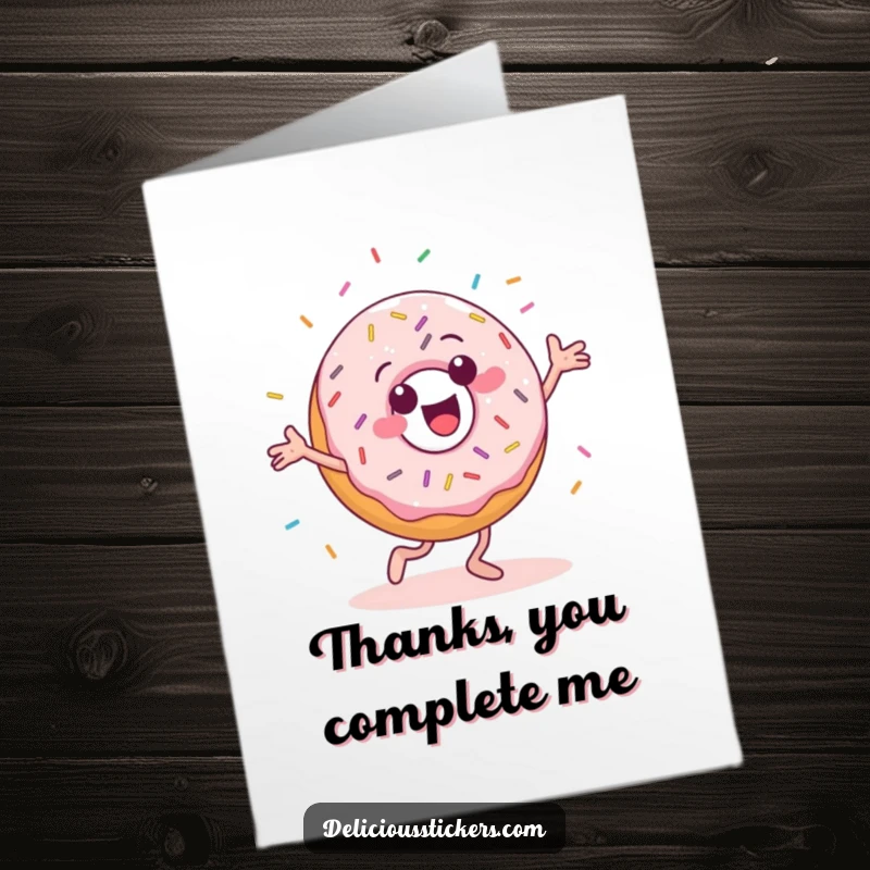 Funny Free Printable Thank You Card: A donut character dances happily, showering with sprinkles.