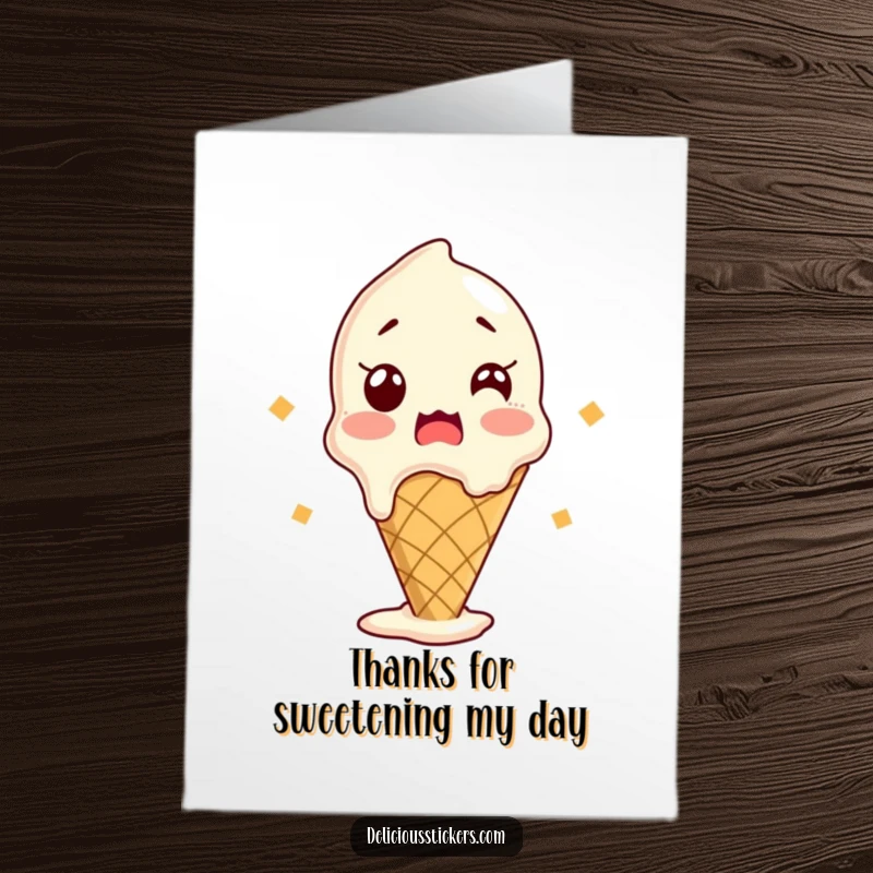 Funny Free Printable Thank You Card: An ice cream cone, slightly melting, looks shocked with happy excitement.