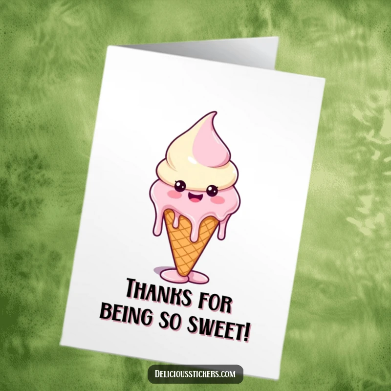 Funny Free Printable Thank You Card: A happy ice cream character whose melting drips form funny, quirky shapes.