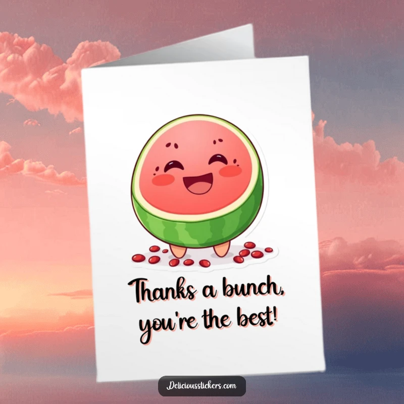Funny Free Printable Thank You Card: A cheerful watermelon slice character grins broadly, with seeds scattered around.