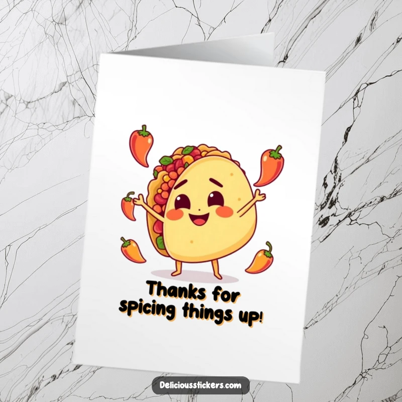 Funny Free Printable Thank You Card: A smiling taco character enthusiastically juggling tiny peppers, expressing gratitude.