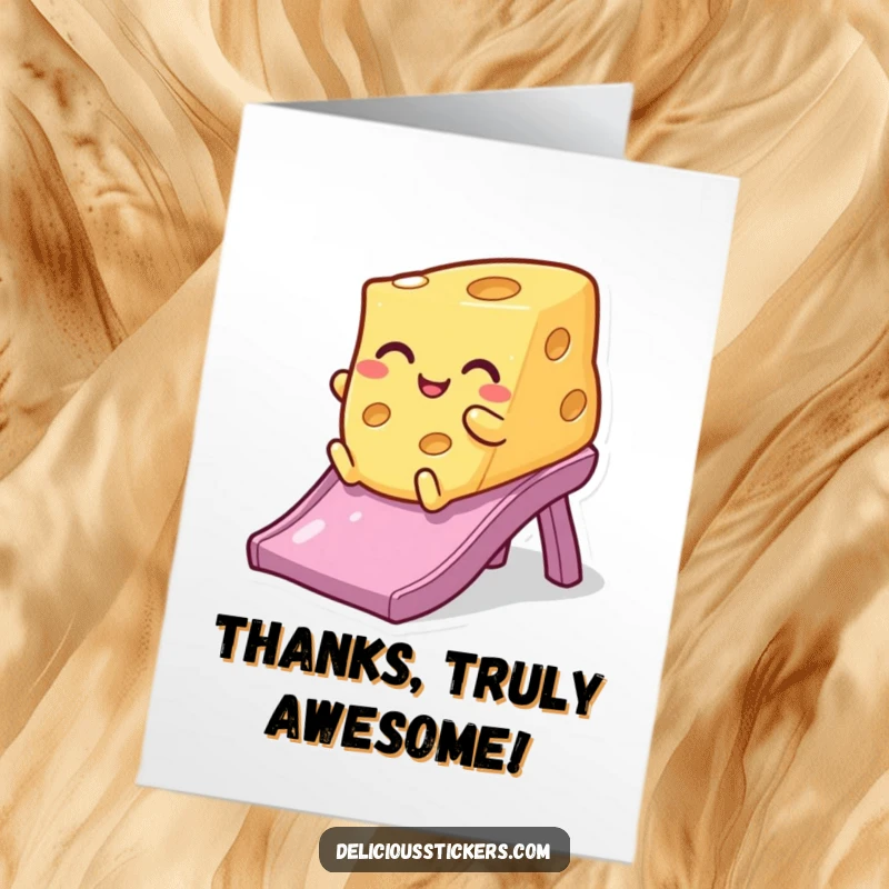 Funny free printable thank you card showing a winking cheese slice joyfully sliding down a slide, conveying thanks with humor.