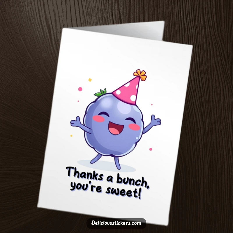 Funny Free Printable Thank You Card: A laughing blueberry wearing a party hat, dancing to show thanks.