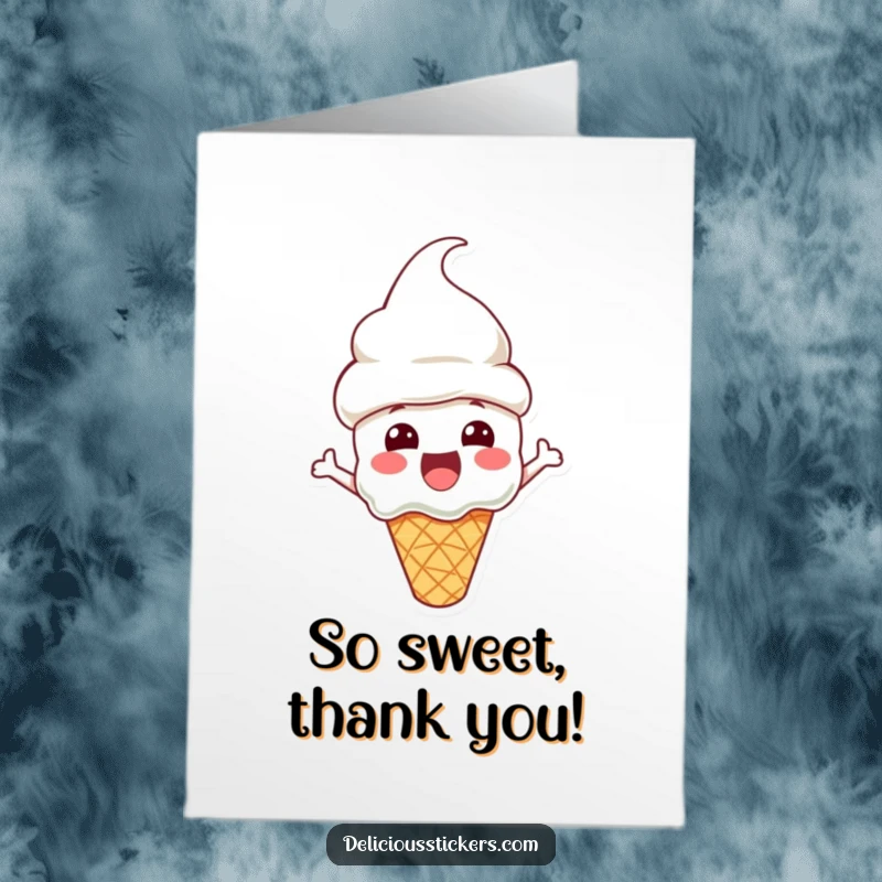 Funny Free Printable Thank You Card: A happy ice cream cone character wearing a cone hat, conveying sweet thanks.