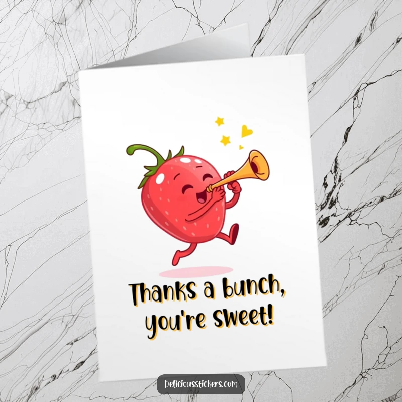 Funny Free Printable Thank You Card: A happy strawberry jumping and playing a tiny trumpet, conveying thanks.