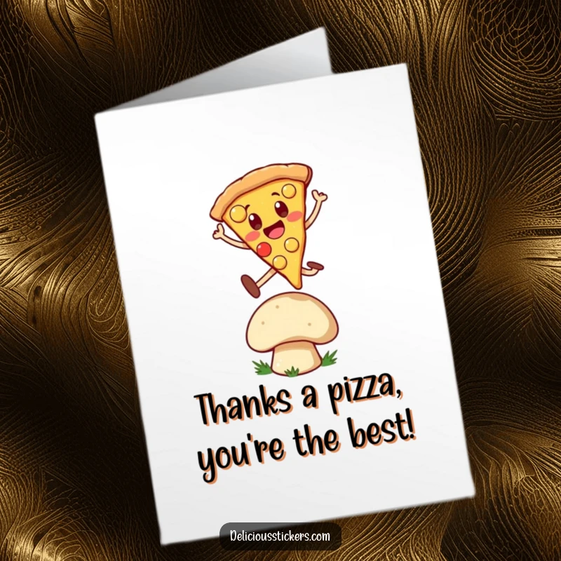 Funny free printable thank you card with a cheerful pizza slice character performing an energetic leap over a mushroom.