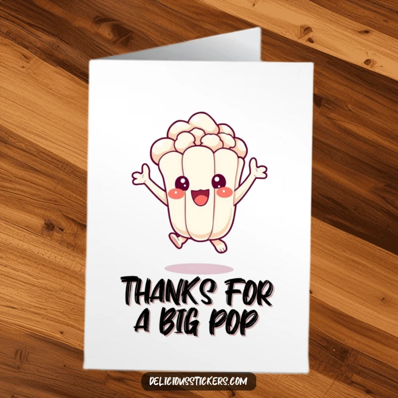 Funny Free Printable Thank You Card: Popcorn kernel jumps joyfully, expressing thanks with downloadable cheer.