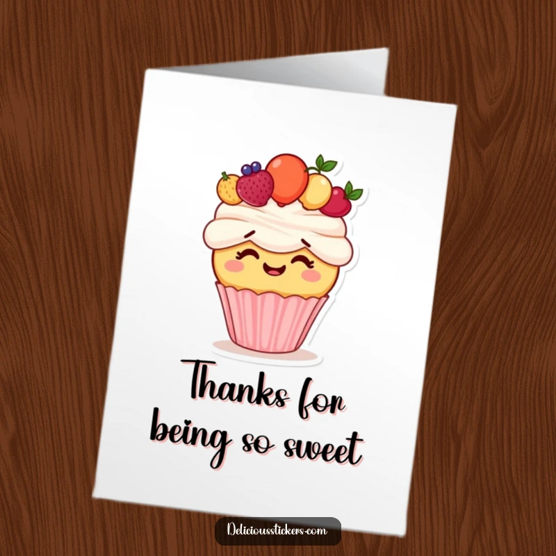 Funny Free Printable Thank You Card: Cupcake giggles while wearing a fruit crown, expressing thanks with downloadable charm.