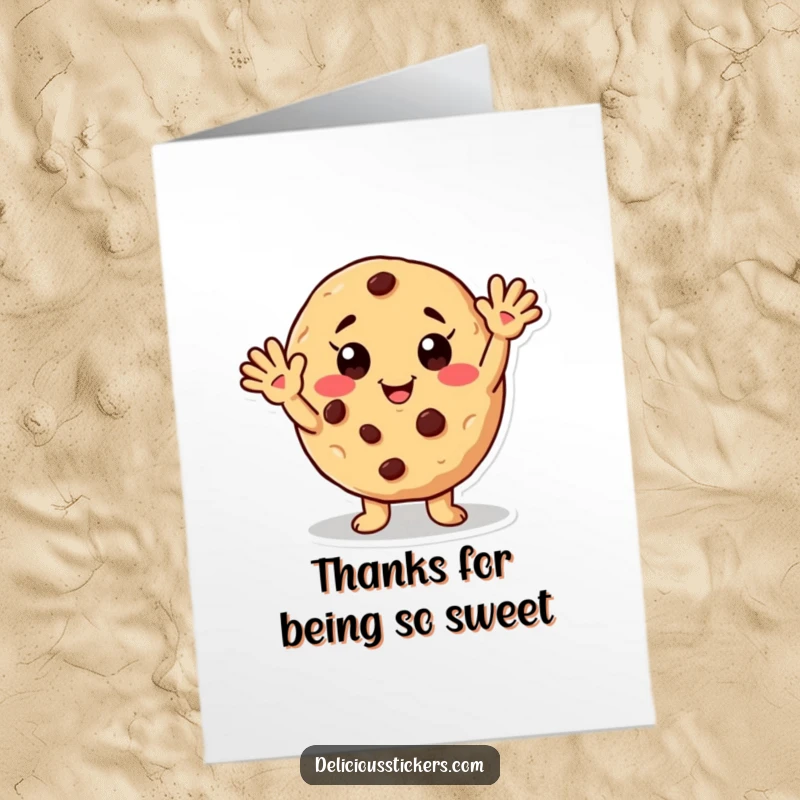Funny Free Printable Thank You Card: Cookie with chocolate chip freckles waves, expressing thanks with downloadable charm.
