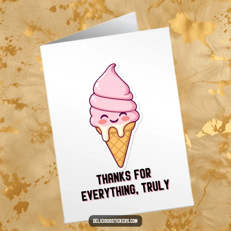 Funny Free Printable Thank You Card: A happy ice cream cone character melting with gratitude, perfect for saying thanks.