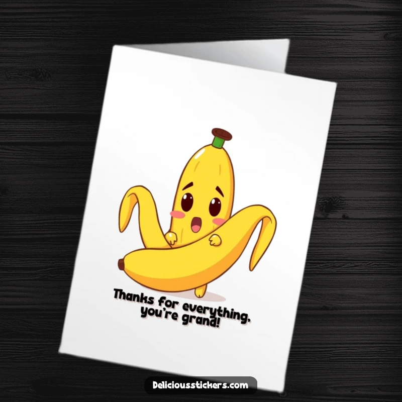 Funny Free Printable Thank You Card: A surprised banana character hides behind a comically large banana peel.