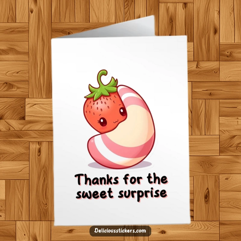 Funny Free Printable Thank You Card: A shy strawberry peeks from behind a large candy, conveying thanks with a bashful smile.