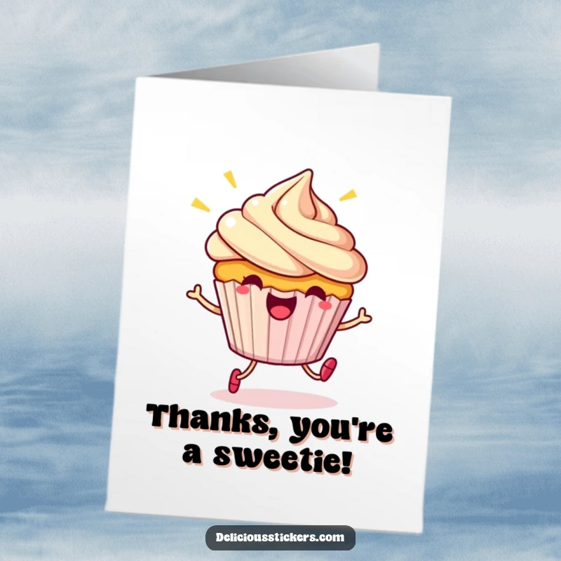 Funny free printable thank you card with a beaming cupcake character doing a happy little hop to show thanks.