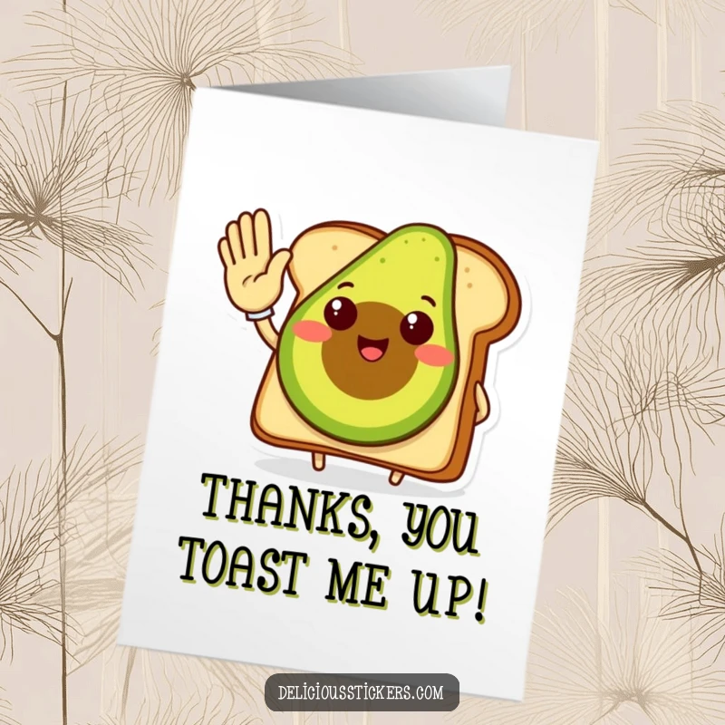 Funny Free Printable Thank You Card featuring a smiling avocado toast character giving a high five, showing appreciation.