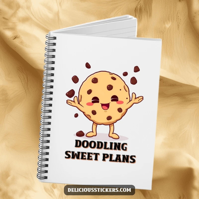 Funny mischievous cookie character juggling chocolate chips on a notebook, ideal for jotting down notes with a playful, snack-themed vibe.