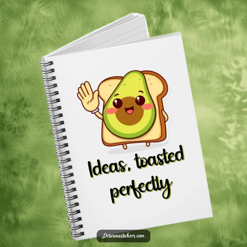 Funny avocado toast notebook, a smiling avocado toast character giving a high five, perfect for journaling.